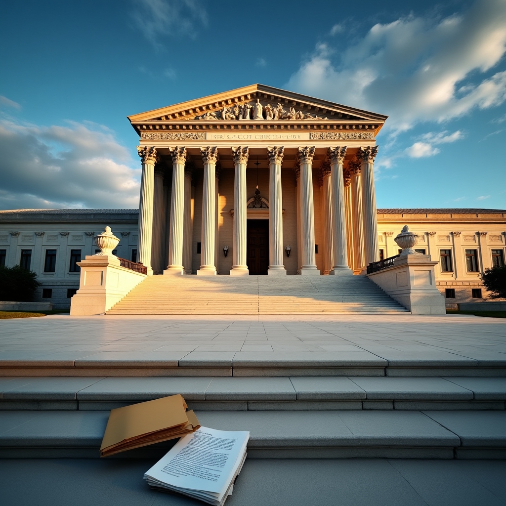 Wide-angle exterior shot of a federal courthouse with stone steps and classical columns, late afternoon light casting long shadows, symbolizing the legal system and ADA enforcement context