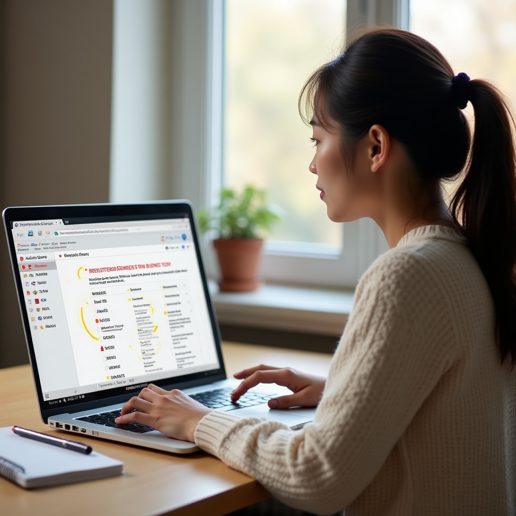 Laptop screen showing the WAVE accessibility tool overlay on a small business website, with red error icons and yellow alert icons visible over the page content in a modern home office setting